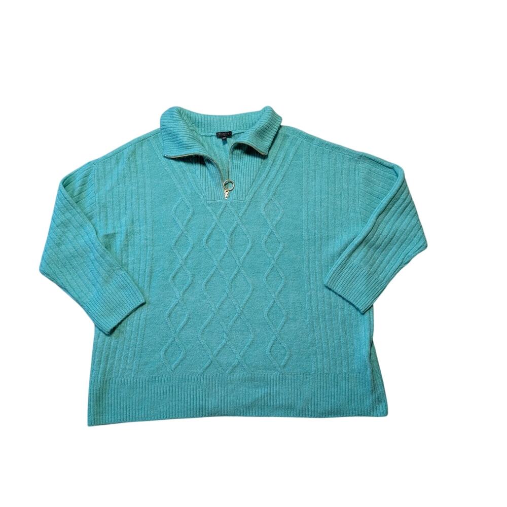 Talbots Plus Pullover Sweater Size 2X Aqua Teal Cable Knit 1/4 Zip Long Sleeve